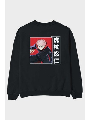 Ankhises Yuuji Itadori 2 Anime Arka Baskılı Siyah Oversize Sweatshirt Erkek Kadın Bisiklet Yaka