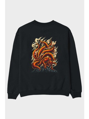 Ankhises Naruto Kyuubı Anime Arka Baskılı Siyah Oversize Sweatshirt Erkek Kadın Bisiklet Yaka