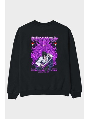 Ankhises Sasuke Uchıha Naruto Anime Arka Baskılı Siyah Oversize Sweatshirt Erkek Kadın Bisiklet Yaka