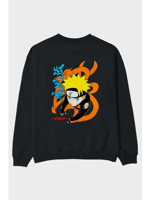 Ankhises Naruto Uzumaki 1 Anime Arka Baskılı Siyah Oversize Sweatshirt Erkek Kadın Bisiklet Yaka