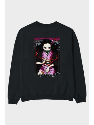 Ankhises Nezuko Kamado 1 Anime Arka Baskılı Siyah Oversize Sweatshirt Erkek Kadın Bisiklet Yaka