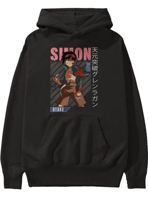 Ankhises Simon 5 Anime Ön Baskılı Siyah Hoodie Oversize Kapüşonlu Sweatshirt Erkek Kadın