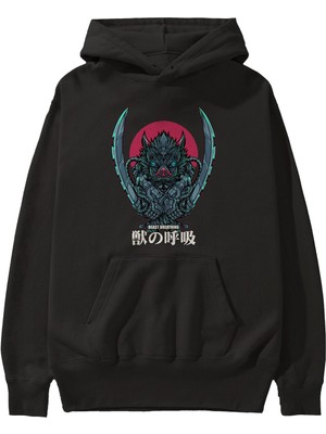 Ankhises Inosuke Demon Slayer Anime Ön Baskılı Siyah Hoodie Oversize Kapüşonlu Sweatshirt Erkek Kadın