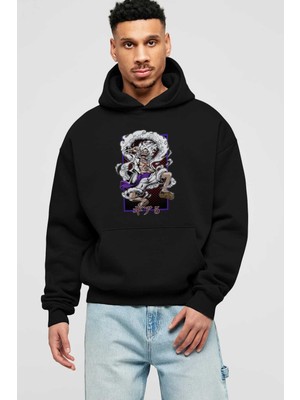 Ankhises Luffy Gear 5 Recuadro Anime Ön Baskılı Siyah Oversize Kapüşonlu Sweatshirt Erkek Kadın