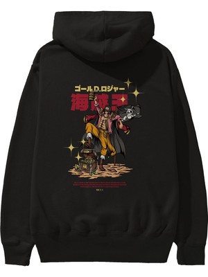 Ankhises Roger Anime Arka Baskılı Siyah Oversize Kapüşonlu Sweatshirt Erkek Kadın