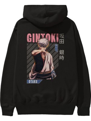 Ankhises Gintoki Sakata Anime Arka Baskılı Siyah Oversize Kapüşonlu Sweatshirt Erkek Kadın