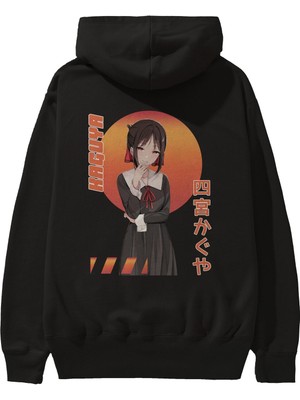Ankhises Kaguya Shinomiya 5 Anime Arka Baskılı Siyah Oversize Kapüşonlu Sweatshirt Erkek Kadın