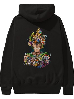 Ankhises Dragon Ball Art (3) Anime Arka Baskılı Siyah Oversize Kapüşonlu Sweatshirt Erkek Kadın