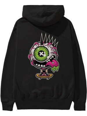 Ankhises Eye Monster Skater Arka Baskılı Siyah Oversize Kapüşonlu Sweatshirt Erkek Kadın