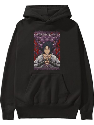 Ankhises Naruto Sasuke Uchıha Anime Ön Baskılı Siyah Hoodie Oversize Kapüşonlu Sweatshirt Erkek Kadın