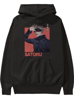 Ankhises Satoru Gojo 2 Anime Ön Baskılı Siyah Hoodie Oversize Kapüşonlu Sweatshirt Erkek Kadın