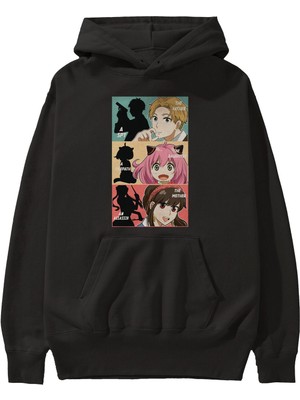 Ankhises Spy x Famıly Anime Ön Baskılı Siyah Hoodie Oversize Kapüşonlu Sweatshirt Erkek Kadın