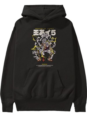 Ankhises Monkey D. Luffy Gear5 1 Anime Ön Baskılı Siyah Hoodie Oversize Kapüşonlu Sweatshirt Erkek Kadın