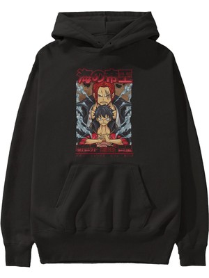 Ankhises Monkey D. Luff And Shanks Anime Ön Baskılı Siyah Hoodie Oversize Kapüşonlu Sweatshirt Erkek Kadın