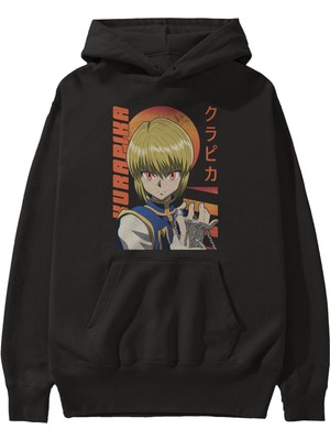 Ankhises Kurapika 5 (2) Anime Ön Baskılı Siyah Hoodie Oversize Kapüşonlu Sweatshirt Erkek Kadın