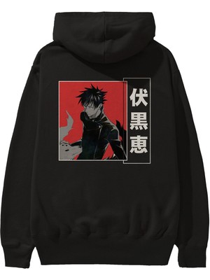 Ankhises Megumi Fushiguro Anime Arka Baskılı Siyah Oversize Kapüşonlu Sweatshirt Erkek Kadın