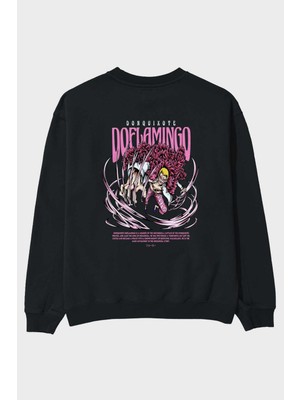 Ankhises Doflamingo Anime Arka Baskılı Siyah Oversize Sweatshirt Erkek Kadın Bisiklet Yaka