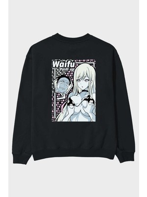 Ankhises Waifu Pushup Anime Arka Baskılı Siyah Oversize Sweatshirt Erkek Kadın Bisiklet Yaka
