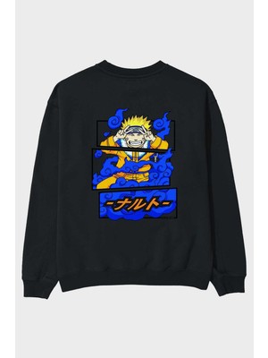 Ankhises Naruto Uzumaki Anime Arka Baskılı Siyah Oversize Sweatshirt Erkek Kadın Bisiklet Yaka
