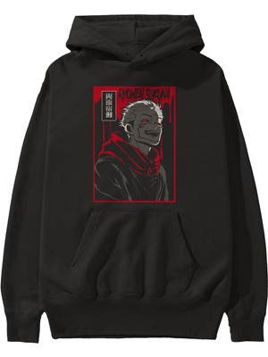 Ankhises Sukuna Anime Ön Baskılı Siyah Hoodie Oversize Kapüşonlu Sweatshirt Erkek Kadın
