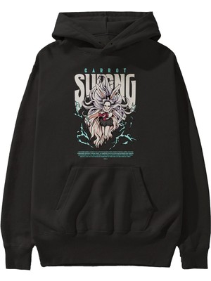 Ankhises Carrot Sulong Anime Ön Baskılı Siyah Hoodie Oversize Kapüşonlu Sweatshirt Erkek Kadın