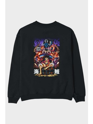 Ankhises Monkey D. Luffy 2 Anime Arka Baskılı Siyah Oversize Sweatshirt Erkek Kadın Bisiklet Yaka