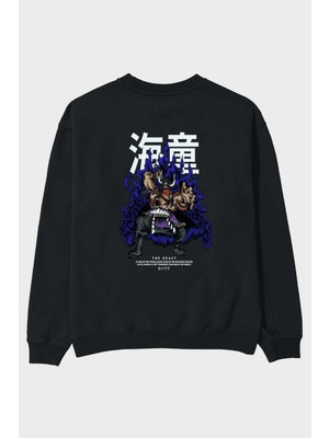 Ankhises Kaido Anime Arka Baskılı Siyah Oversize Sweatshirt Erkek Kadın Bisiklet Yaka