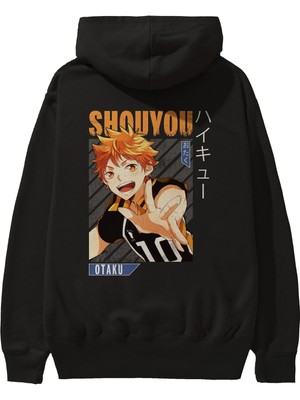 Ankhises Shouyou Hinata 9 Anime Arka Baskılı Siyah Oversize Kapüşonlu Sweatshirt Erkek Kadın