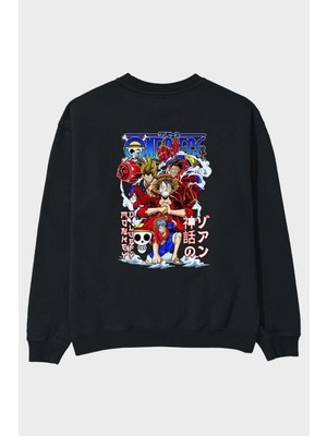 Ankhises Monkey D. Luff-One Pıece 2 Anime Arka Baskılı Siyah Oversize Sweatshirt Erkek Kadın Bisiklet Yaka