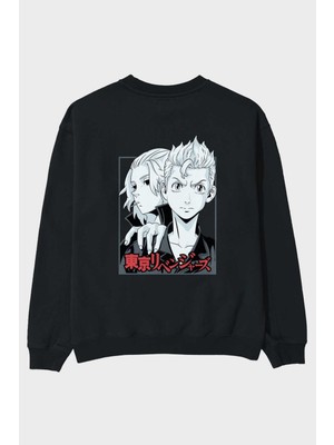 Ankhises Tokyo Revengers Anime Arka Baskılı Siyah Oversize Sweatshirt Erkek Kadın Bisiklet Yaka