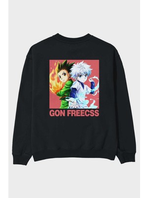 Ankhises Gon Freecss Hunter x Hunter 4 Anime Arka Baskılı Siyah Oversize Sweatshirt Erkek Kadın Bisiklet Yaka