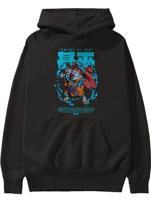 Ankhises Jinbei Anime Ön Baskılı Siyah Hoodie Oversize Kapüşonlu Sweatshirt Erkek Kadın