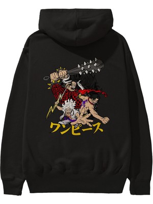 Ankhises Luffyacekaido Anime Arka Baskılı Siyah Oversize Kapüşonlu Sweatshirt Erkek Kadın
