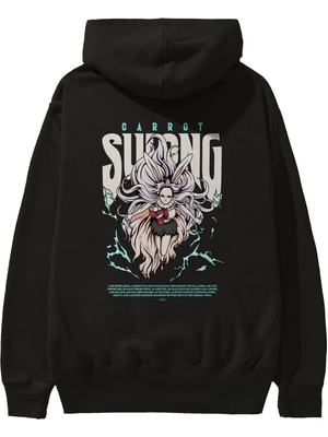 Ankhises Carrot Sulong Anime Arka Baskılı Siyah Oversize Kapüşonlu Sweatshirt Erkek Kadın