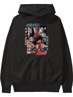 Ankhises Vegeta Vs Goku Anime Ön Baskılı Siyah Hoodie Oversize Kapüşonlu Sweatshirt Erkek Kadın