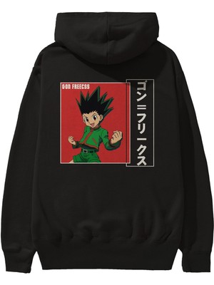Ankhises Gon Freecss Hunter x Hunter 5 Anime Arka Baskılı Siyah Oversize Kapüşonlu Sweatshirt Erkek Kadın