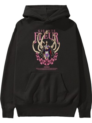 Ankhises Gigante Fleur Anime Ön Baskılı Siyah Hoodie Oversize Kapüşonlu Sweatshirt Erkek Kadın