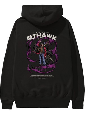 Ankhises Mihawk Anime Arka Baskılı Siyah Oversize Kapüşonlu Sweatshirt Erkek Kadın