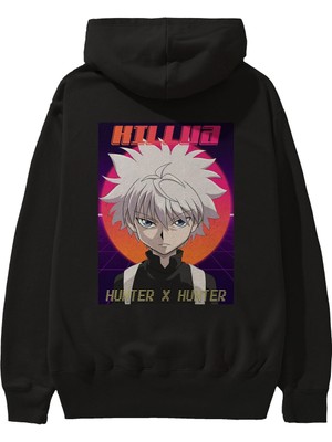 Ankhises Killua Zoldyck 12 1 Anime Arka Baskılı Siyah Oversize Kapüşonlu Sweatshirt Erkek Kadın