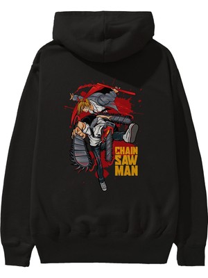 Ankhises Denjı And Power Anime Arka Baskılı Siyah Oversize Kapüşonlu Sweatshirt Erkek Kadın