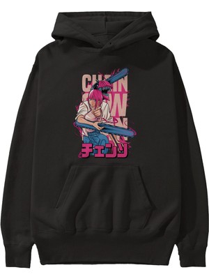 Ankhises Denjı And Makıma Anime Ön Baskılı Siyah Hoodie Oversize Kapüşonlu Sweatshirt Erkek Kadın