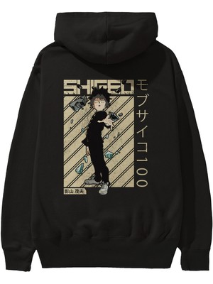 Ankhises Shigeo Kageyama 3 Anime Arka Baskılı Siyah Oversize Kapüşonlu Sweatshirt Erkek Kadın