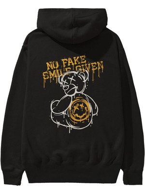 Ankhises No Fake Smile Given Bear Arka Baskılı Siyah Oversize Kapüşonlu Sweatshirt Erkek Kadın