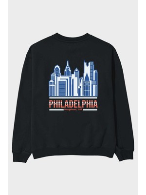 Ankhises Philadelphia Arka Baskılı Siyah Oversize Sweatshirt Erkek Kadın Bisiklet Yaka
