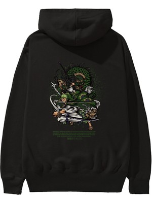 Ankhises Zoro-One Pıece Anime Arka Baskılı Siyah Oversize Kapüşonlu Sweatshirt Erkek Kadın