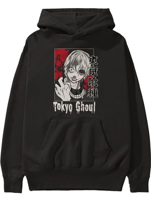 Ankhises Kaneki Ken Tokyo Ghoul Anime Ön Baskılı Siyah Hoodie Oversize Kapüşonlu Sweatshirt Erkek Kadın