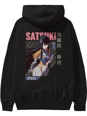 Ankhises Satsuki Kiryuuin 8 Anime Arka Baskılı Siyah Oversize Kapüşonlu Sweatshirt Erkek Kadın