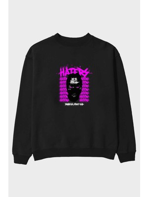 Ankhises Haters Brooklyn Street Club Ön Baskılı Siyah Oversize Sweatshirt Erkek Kadın Bisiklet Yaka
