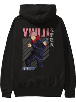 Ankhises Yuuji Itadori Anime Arka Baskılı Siyah Oversize Kapüşonlu Sweatshirt Erkek Kadın