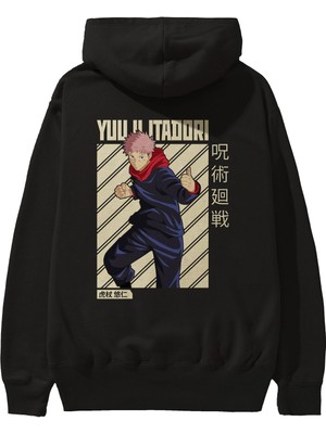 Ankhises Yuuji Itadori 1 Anime Arka Baskılı Siyah Oversize Kapüşonlu Sweatshirt Erkek Kadın
